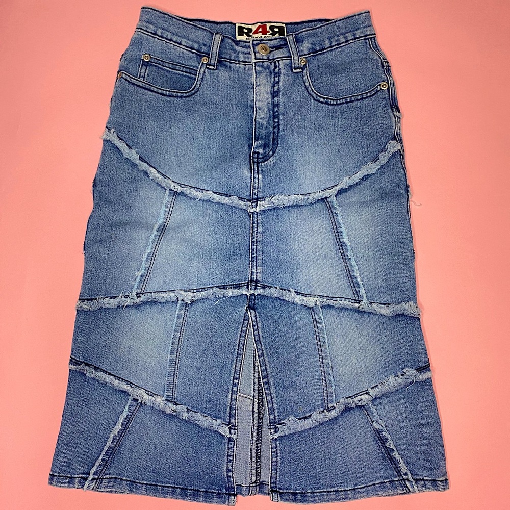 y2k patchwork denim midi skirt